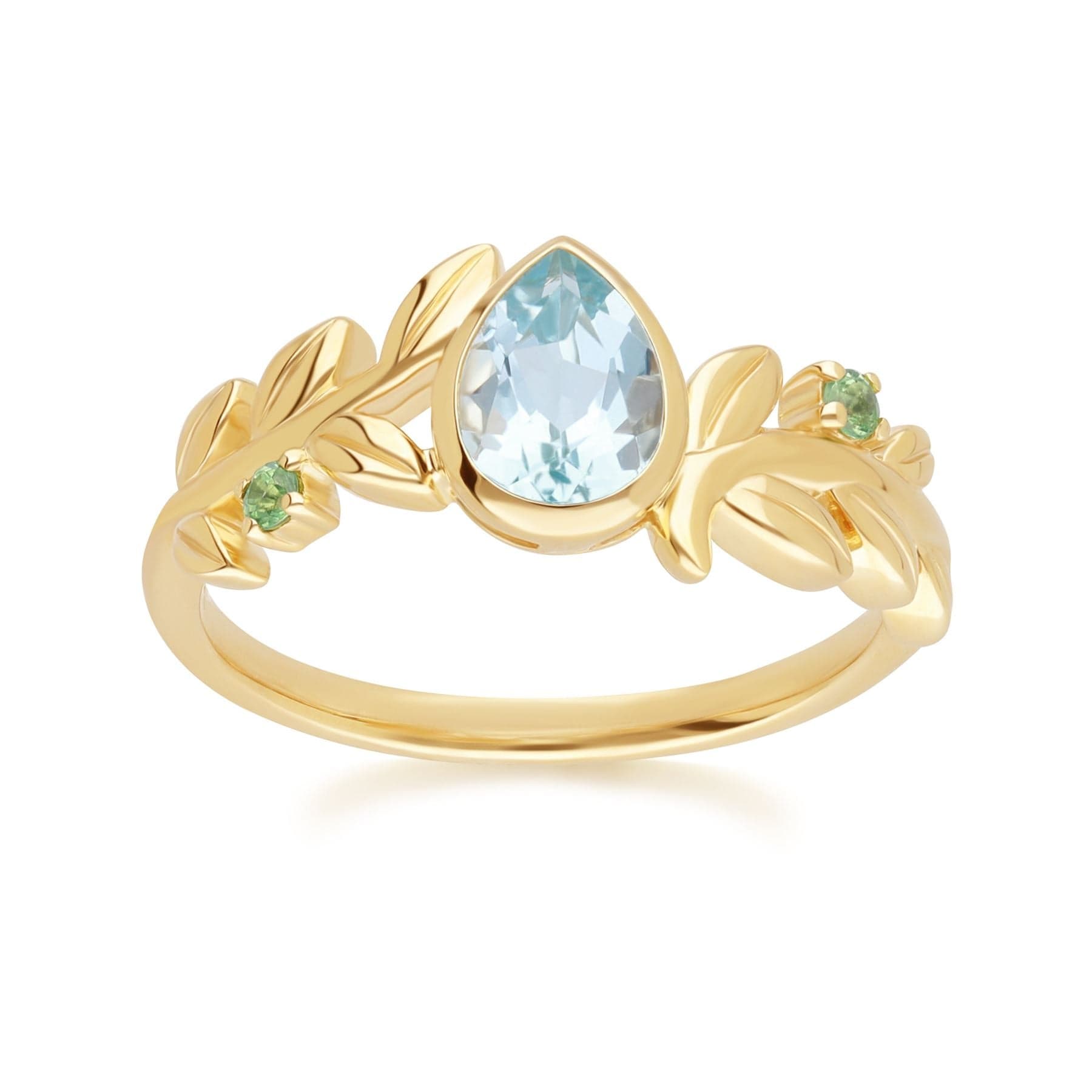 135R2091019 O Leaf Sky Blue topaz & Tsavorite Ring In 9ct Yellow Gold Front
