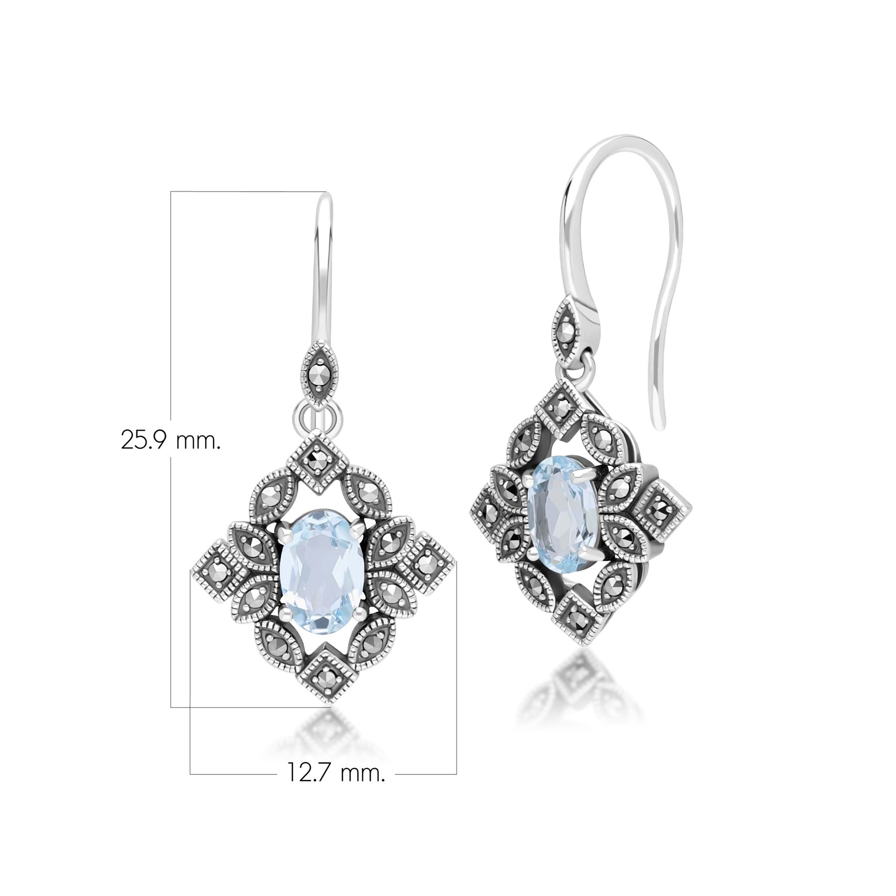 Art Deco Style Oval Blue Topaz & Marcasite Drop Earrings in Sterling Silver