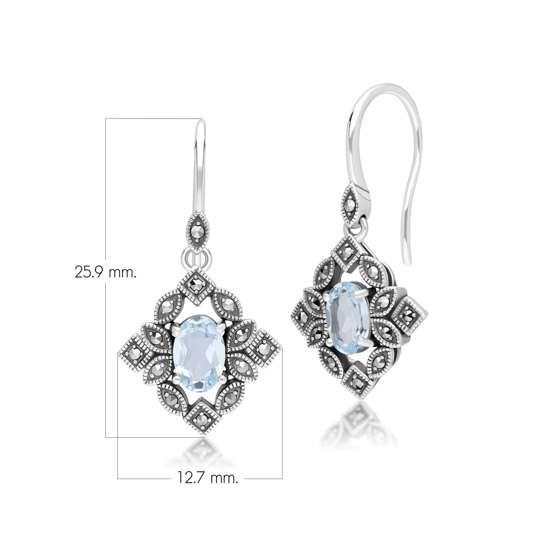 Art Deco Style Oval Blue Topaz & Marcasite Drop Earrings in Sterling Silver