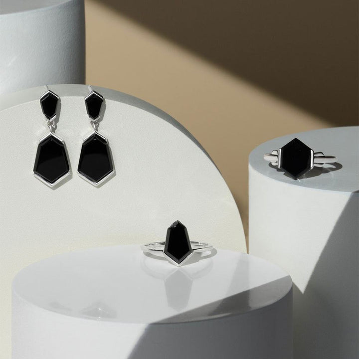 Grand Deco Hexagon Black Onyx Drop Earrings in Sterling Silver