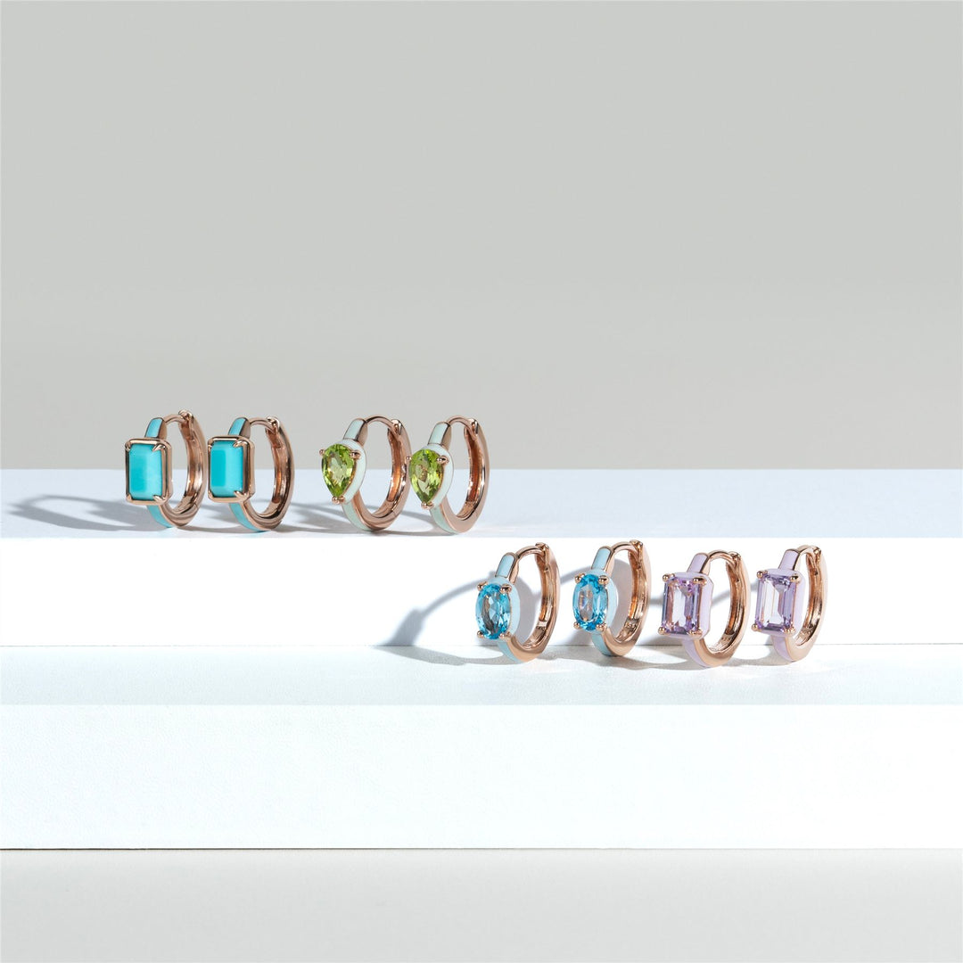 Siberian Waltz Blue Enamel & Octagon Turquoise Hoop Earrings In Rose Gold Vermeil