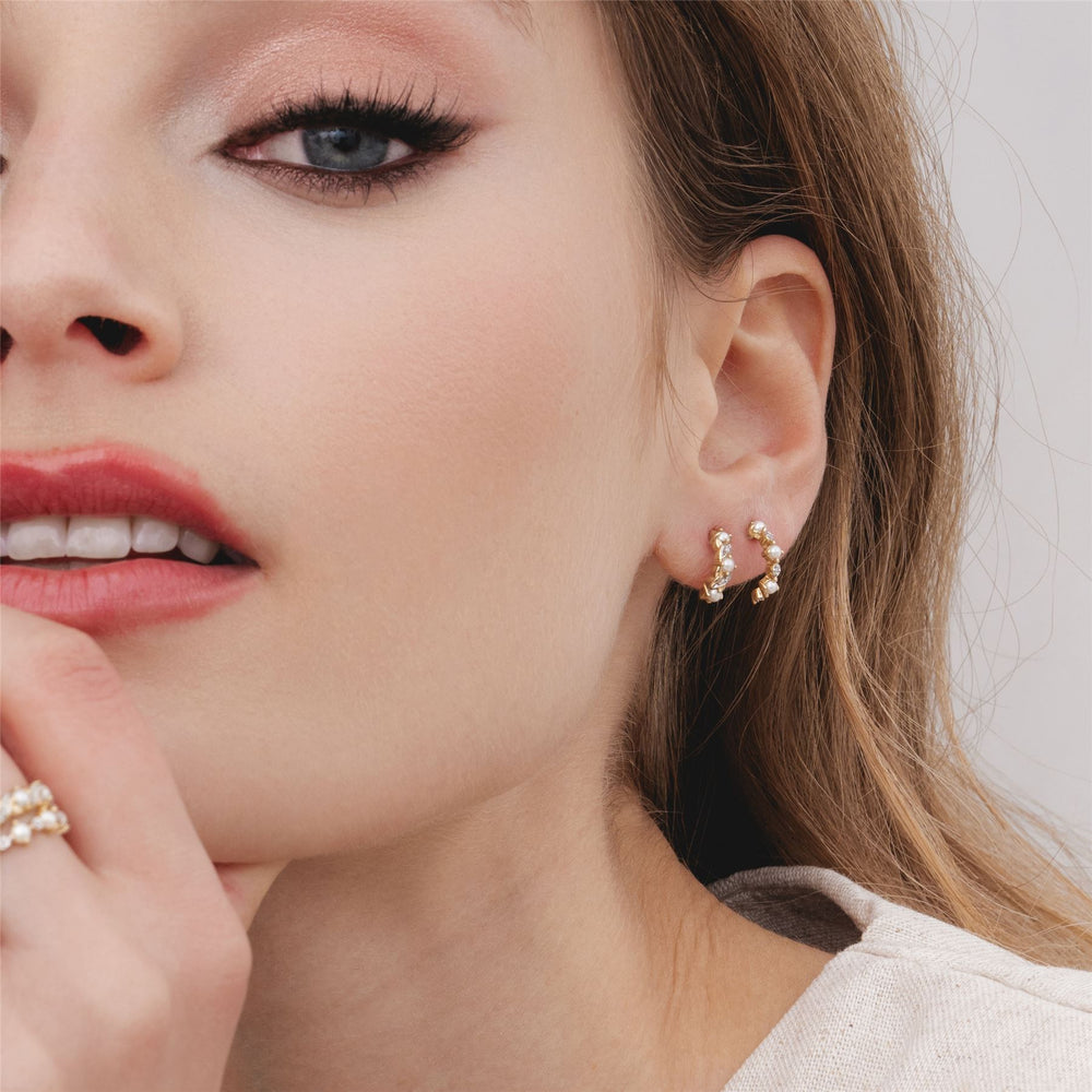 classic-art-nouveau-style-pearl-diamond-half-eternity-hoop-earrings-in-9ct-yellow-gold-135e1883019 on Model