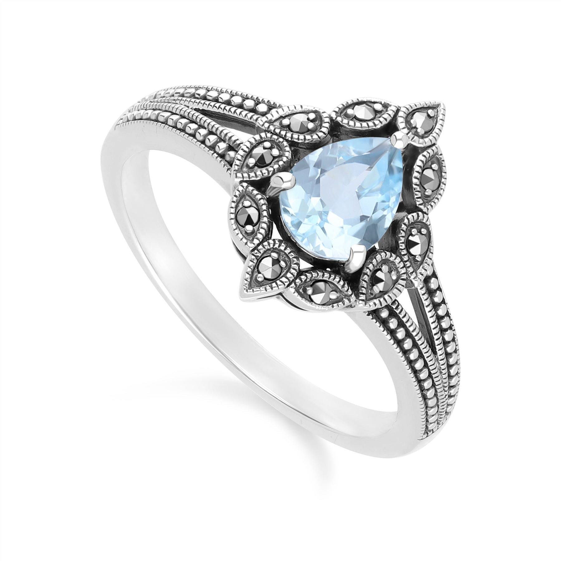 Art Deco Style Pear Blue Topaz & Marcasite Ring in Sterling Silver