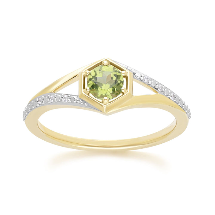 Geometric Hexagon with Prong set Round Peridot and Diamond Ring in 9ct Yellow Gold