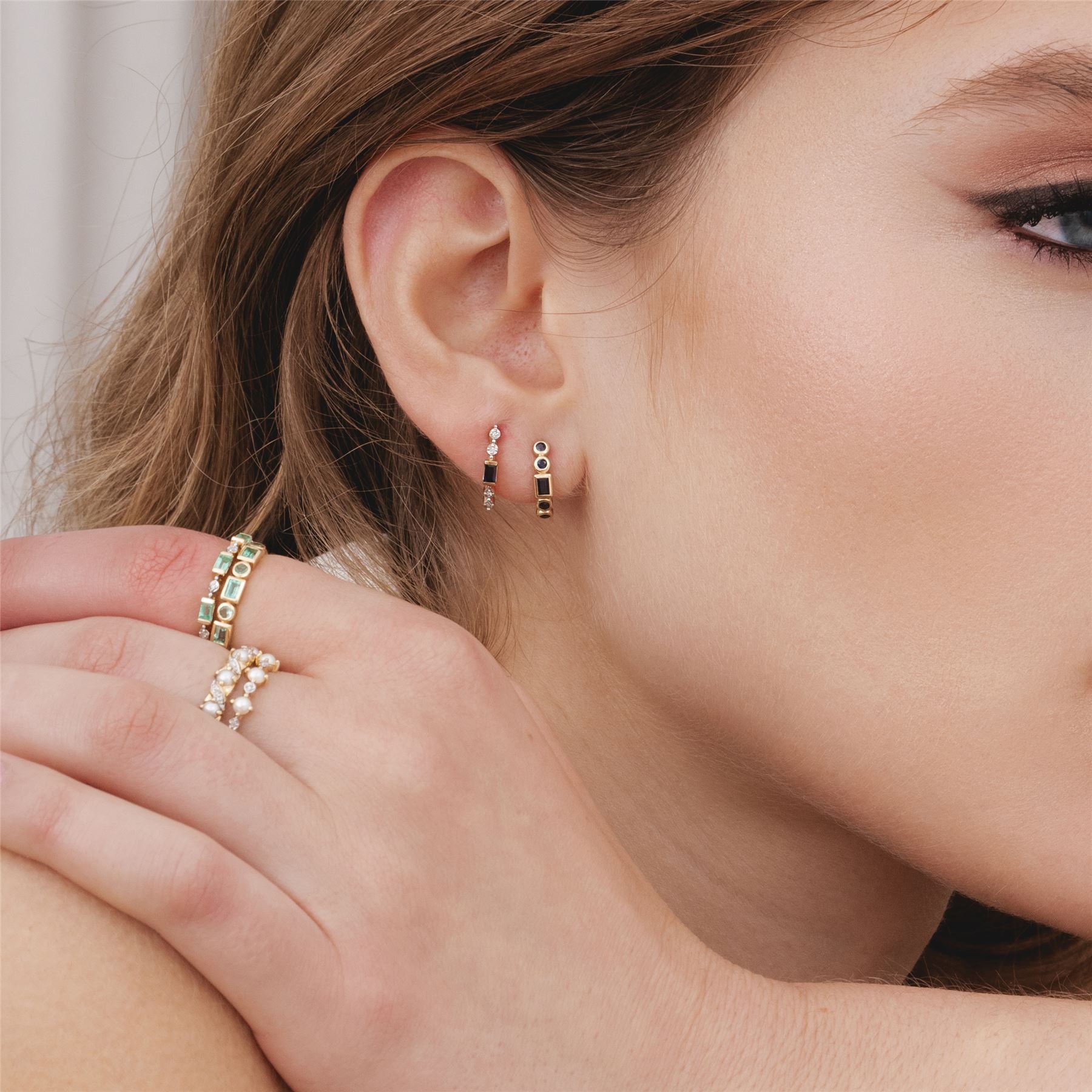 classic-baguette-sapphire-diamond-half-eternity-hoop-earrings-in-9ct-yellow-gold-135e1886039 on Model