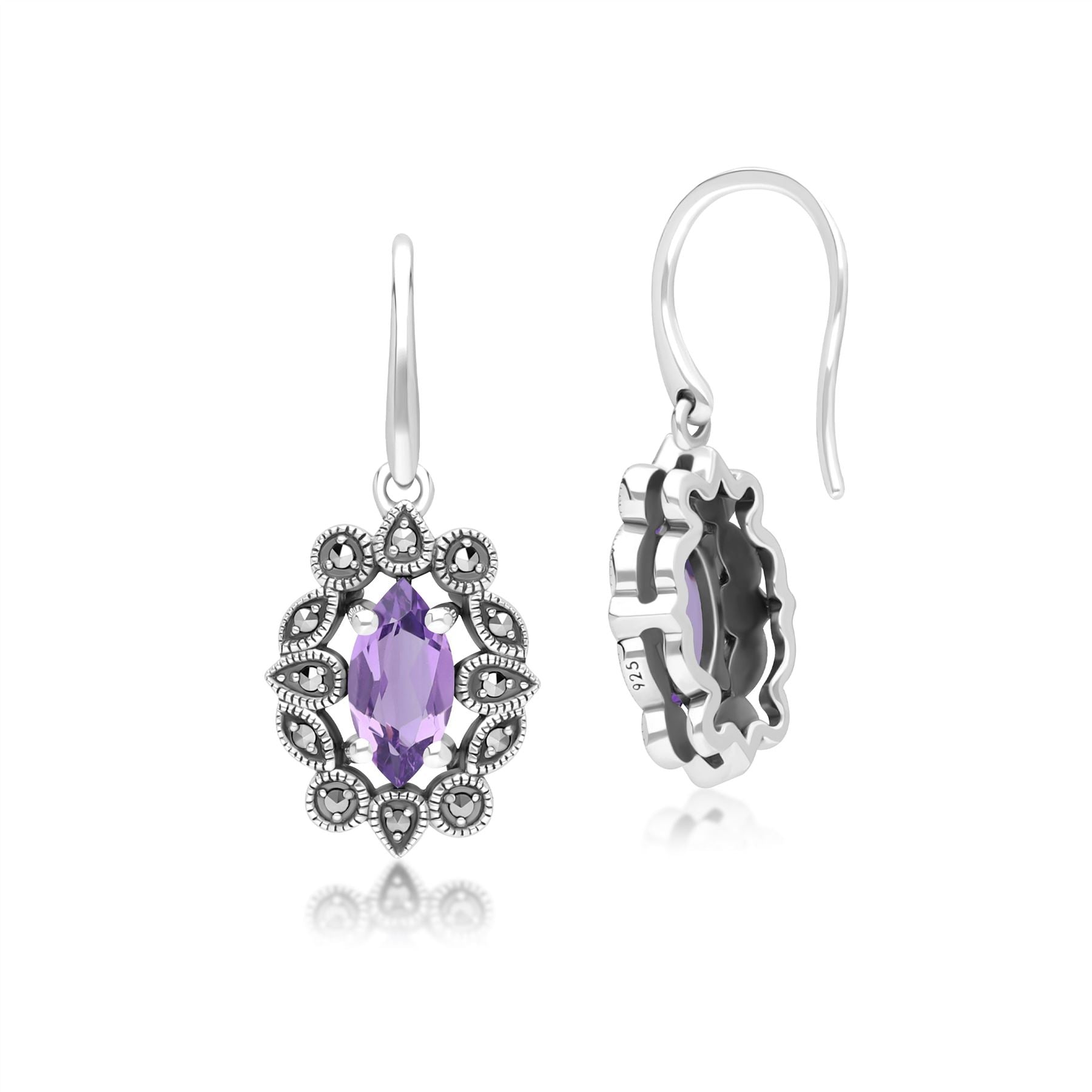 Art Deco Style Marquise Amethyst & Marcasite Drop Earrings in Sterling Silver