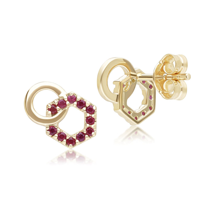 Geometric Hexagon and Round Linked with Prong set Ruby Stud Earrings in 9ct Yellow Gold