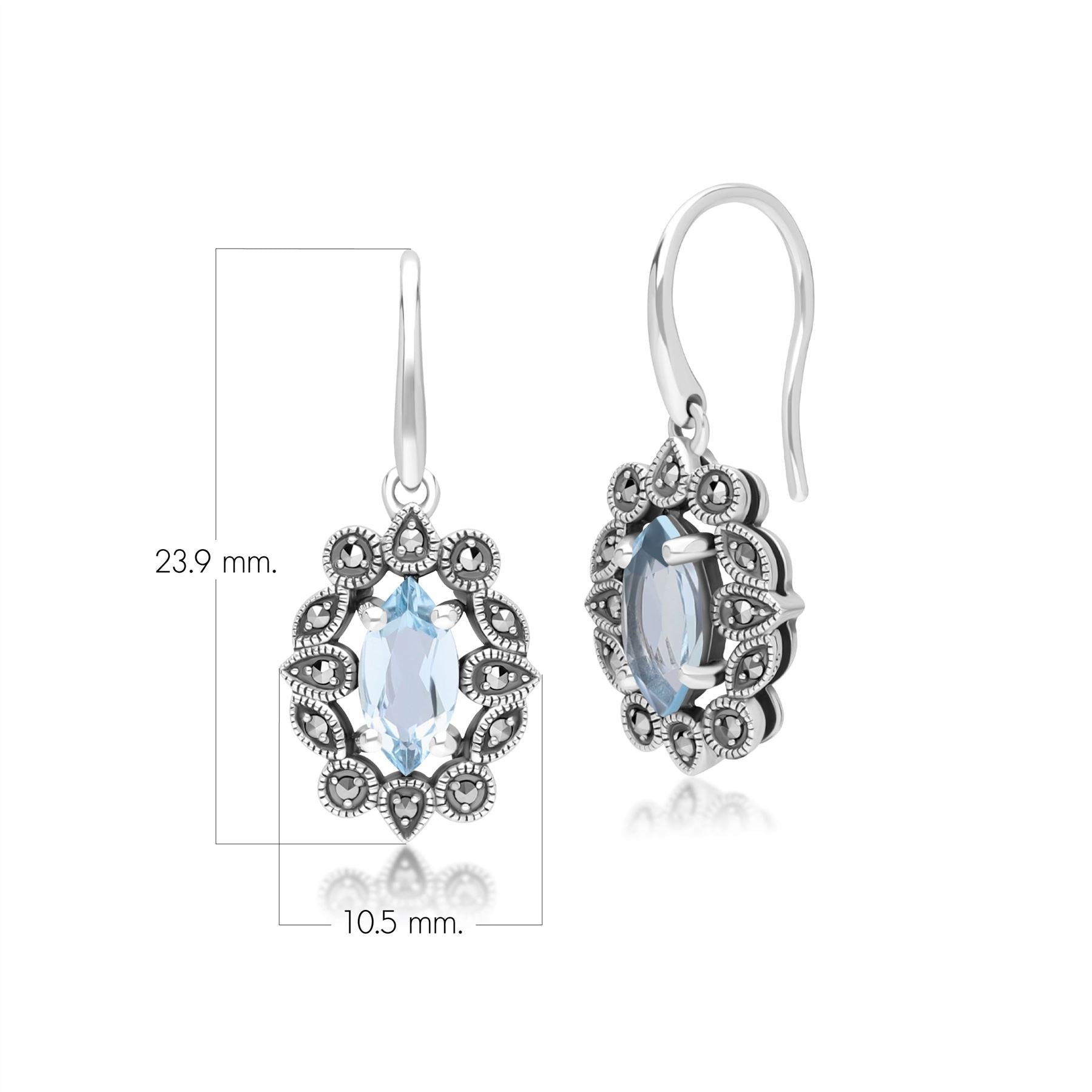 Art Deco Style Marquise Blue Topaz & Marcasite Drop Earrings in Sterling Silver