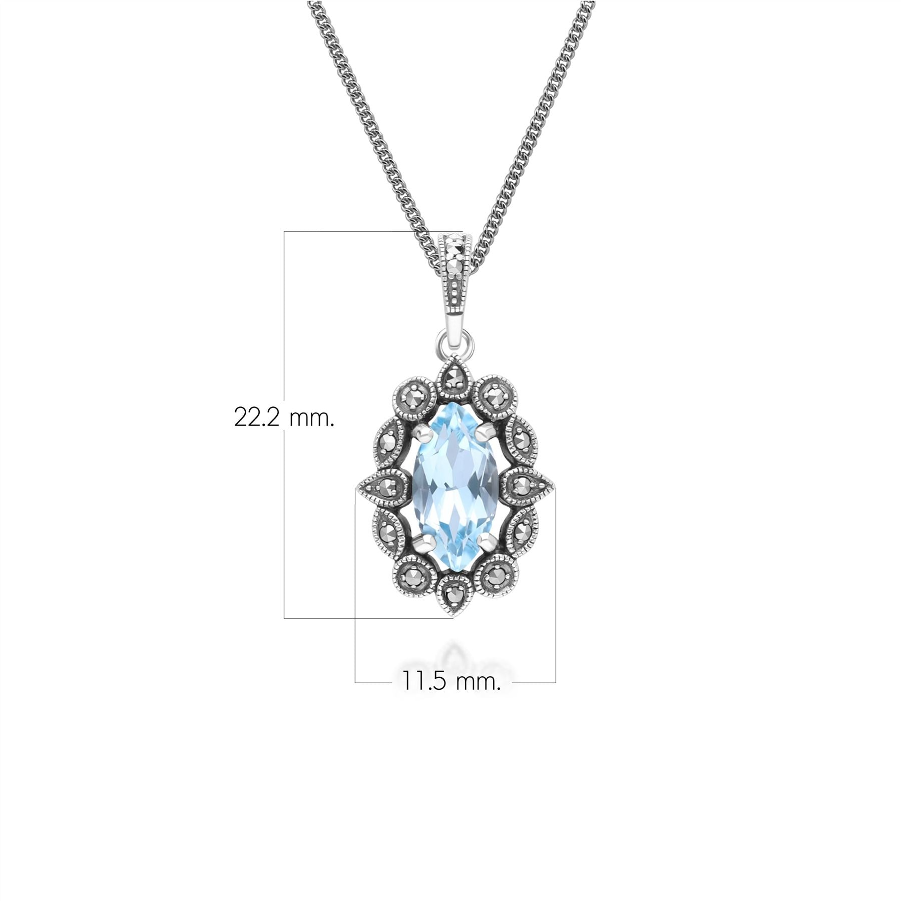 Art Deco Style Marquise Blue Topaz & Marcasite Pendant Necklace in Sterling Silver