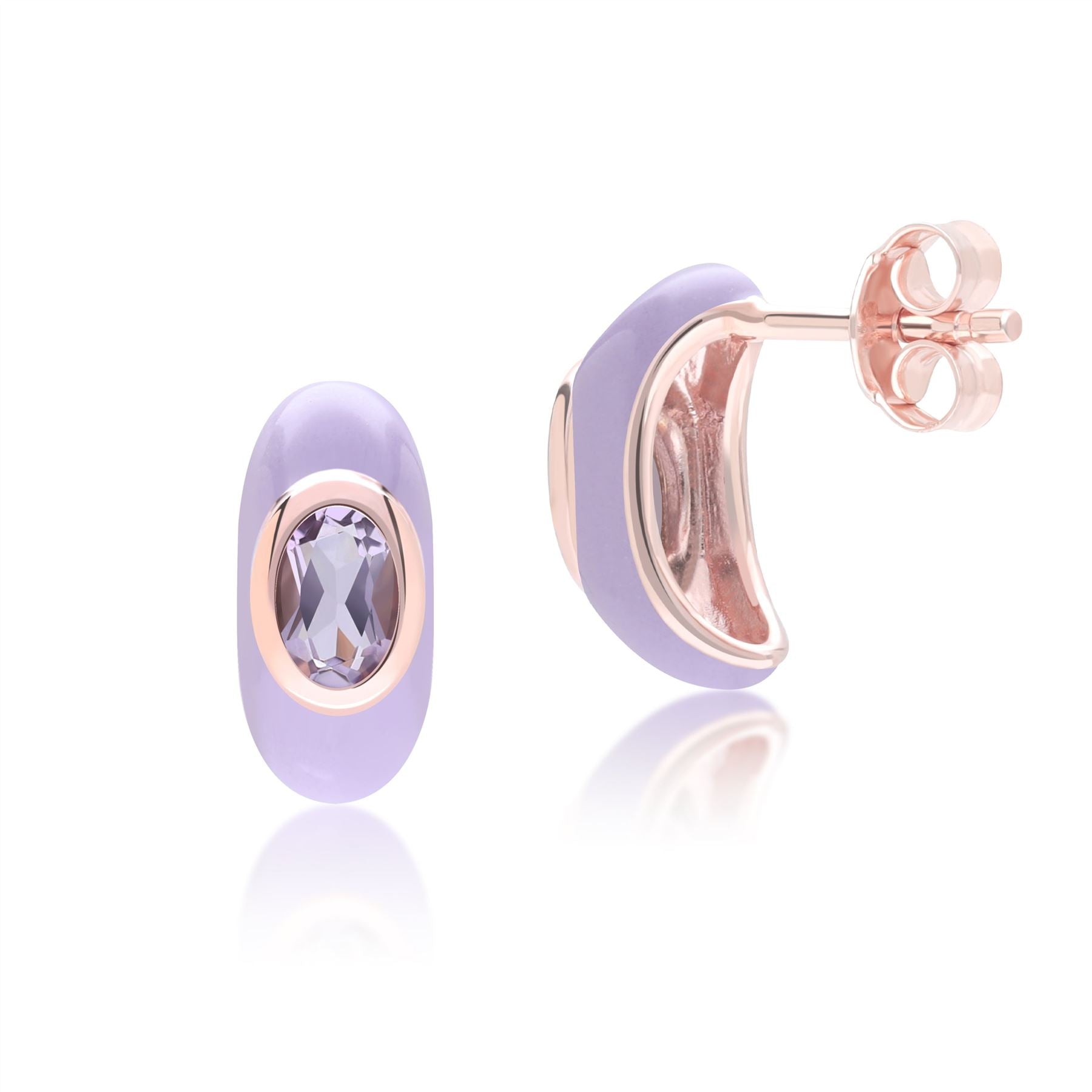 Siberian Waltz Violet Enamel & Octagon Amethyst Half Hoop Earrings In Rose Gold Vermeil