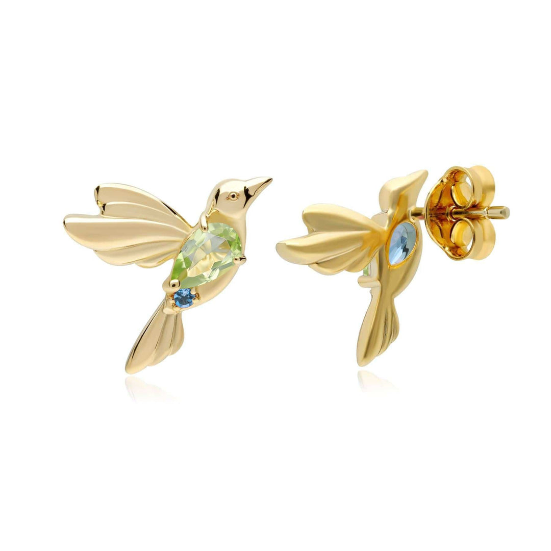 ECFEW™ Peridot and Blue Topaz Hummingbird Stud Earrings in 925 Sterling Silver