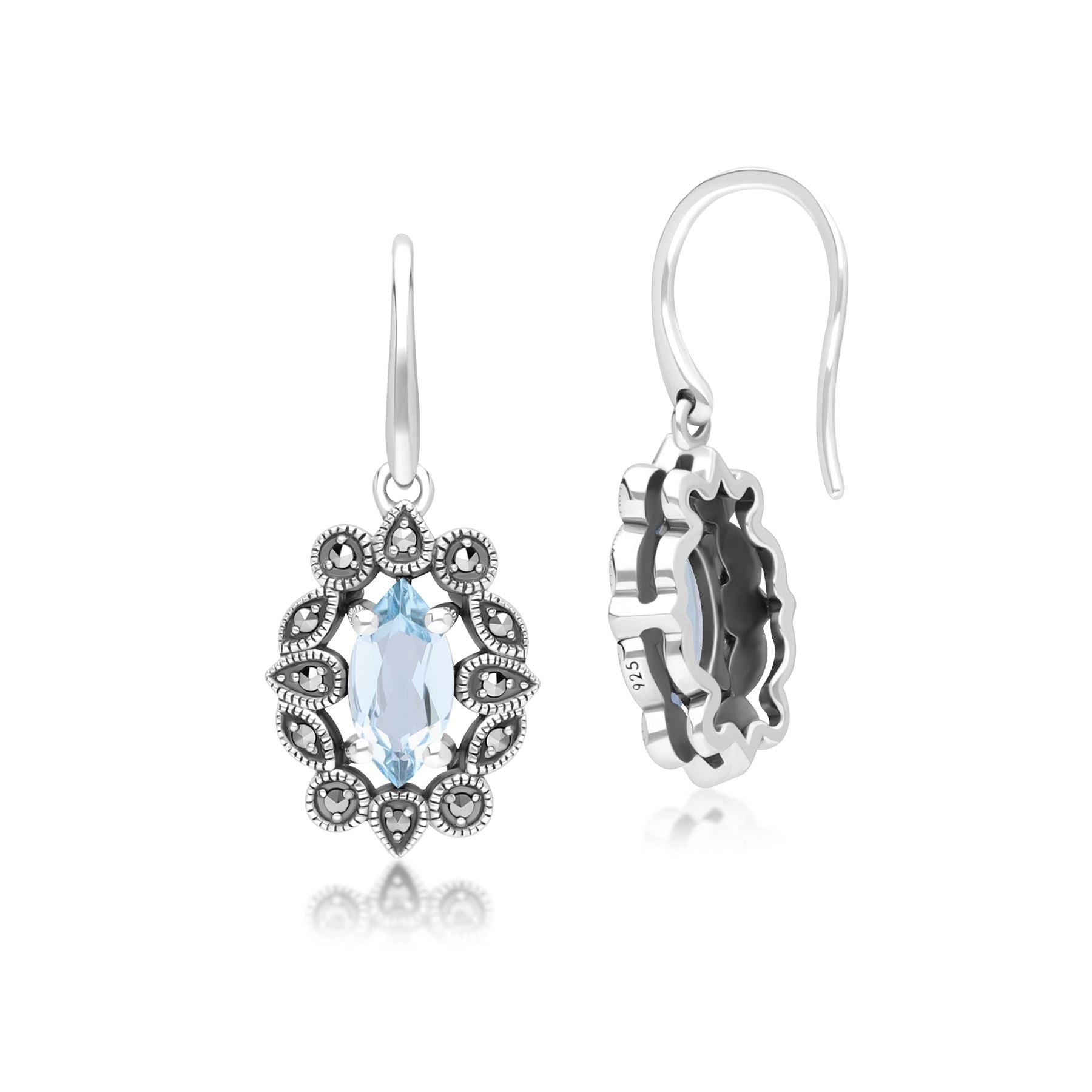 Art Deco Style Marquise Blue Topaz & Marcasite Drop Earrings in Sterling Silver