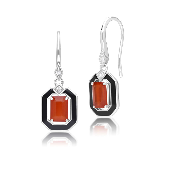 Grand Deco Black Enamel, Carnelian & Topaz Drop Earrings in Sterling Silver