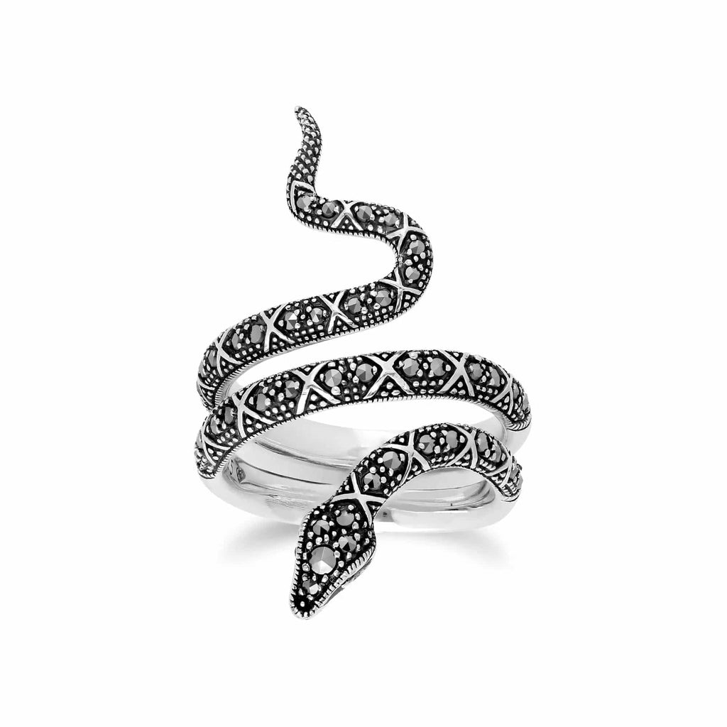 Art Nouveau Style Round Marcasite Snake Statement Ring 925 Sterling
