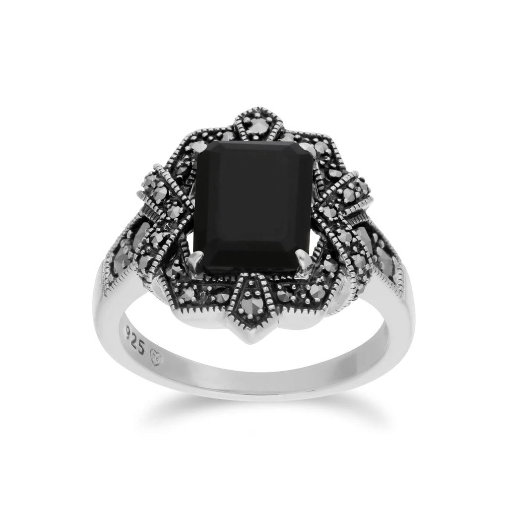 Art Deco Style Baguette Onyx & Marcasite Ring 925 Sterling Silver