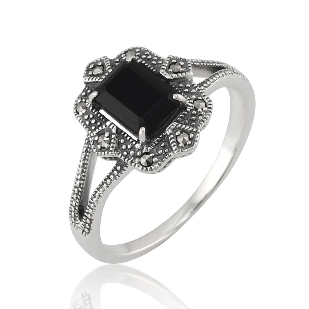 Art Deco Style Baguette Spinel & Marcasite Ring Silver