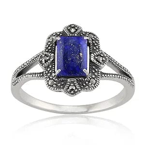 Art Deco Style Baguette Lapis Lazuli & Marcasite Ring 925 Sterling