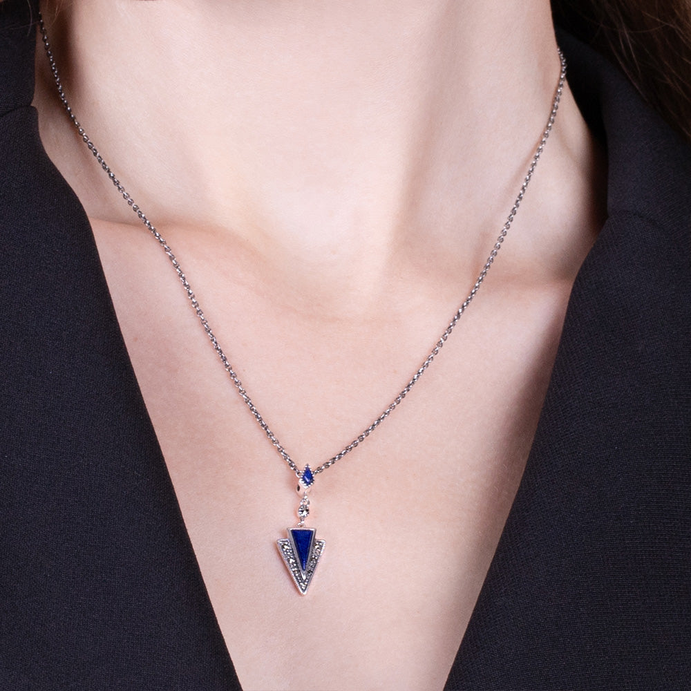 Art Deco Style Lapis Lazuli & Marcasite Pendant in 925 Sterling Silver