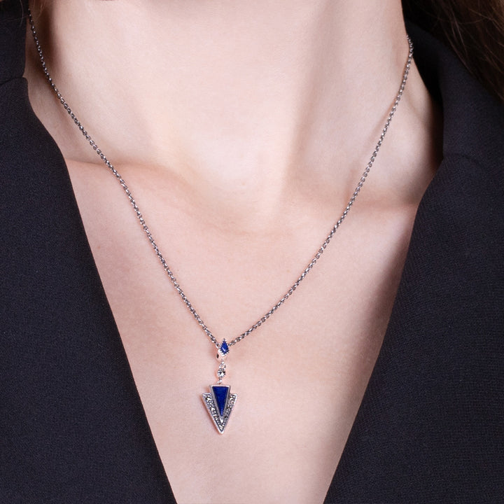 Art Deco Style Lapis Lazuli & Marcasite Pendant in 925 Sterling Silver