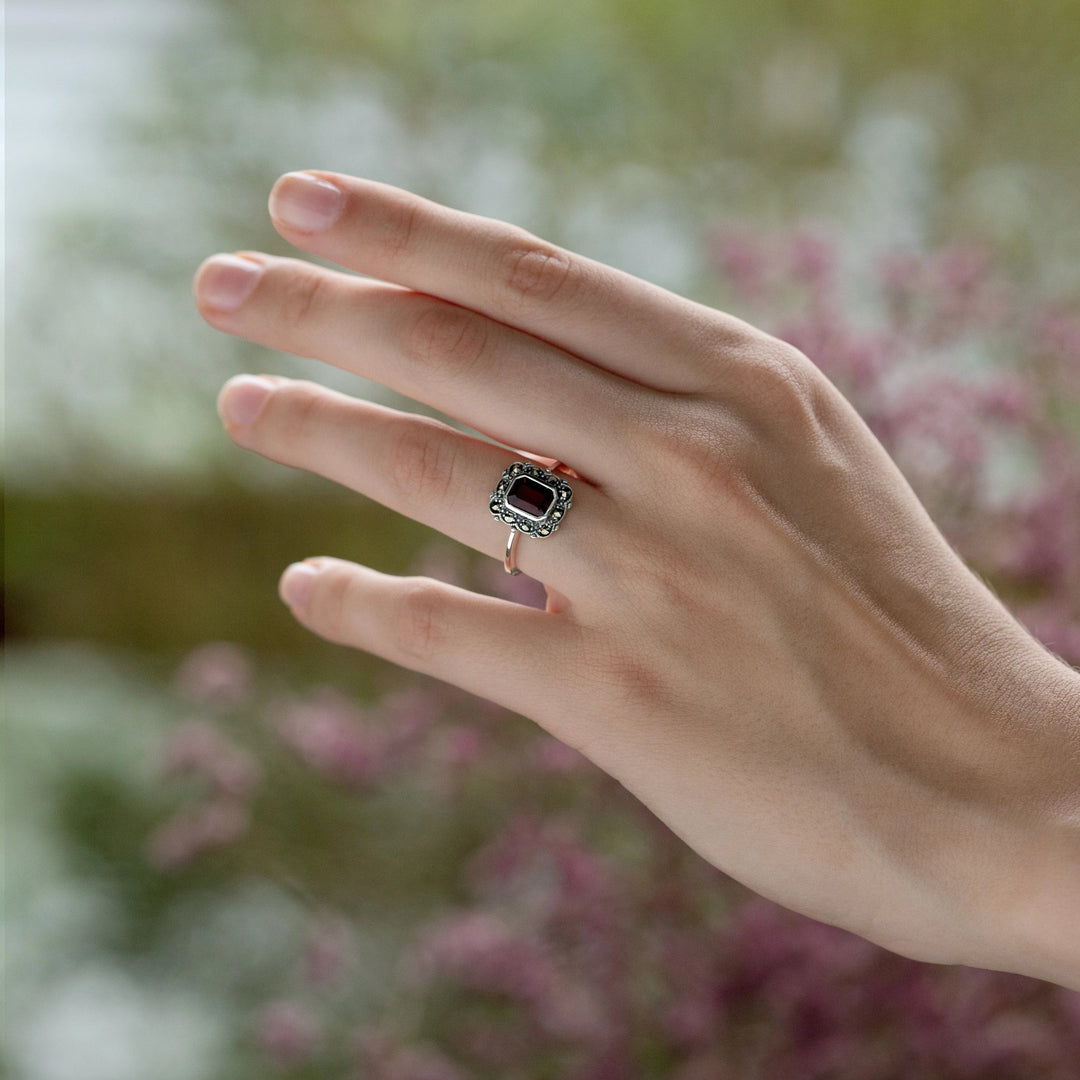 art-nouveau-style-octagon-garnet-marcasite-border-ring-in-925-sterling-silver-214r597107925 on model