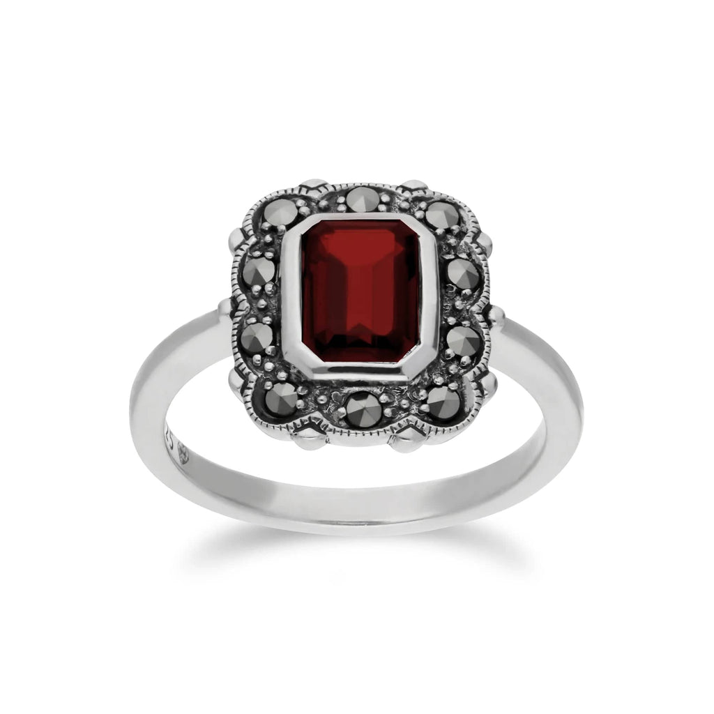 Art Nouveau Style Octagon Garnet & Marcasite Border Ring 925 Sterling