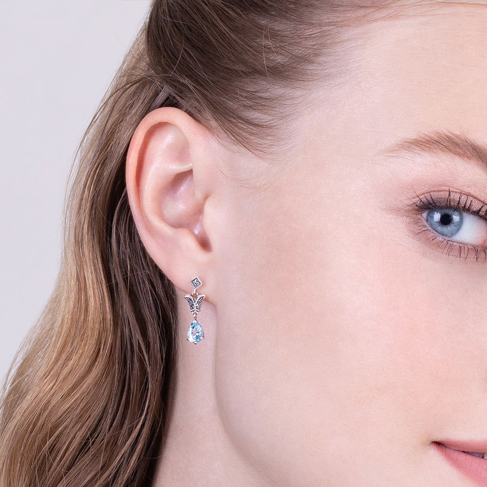 Art Nouveau Style Pear Blue Topaz & Marcasite Drop Earrings in 925 Sterling Silver