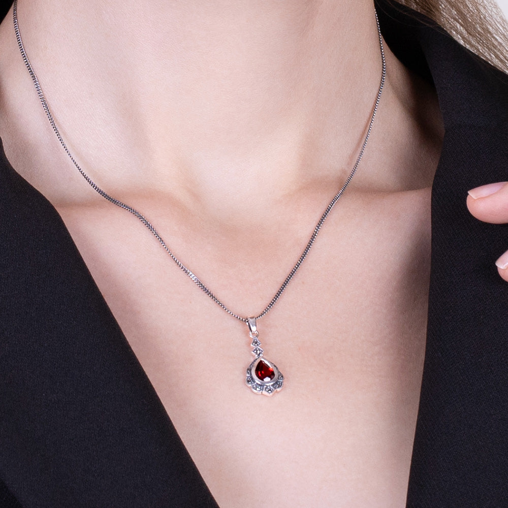 Art Nouveau Style Pear Garnet & Marcasite Leaf Pendant in 925 Sterling Silver