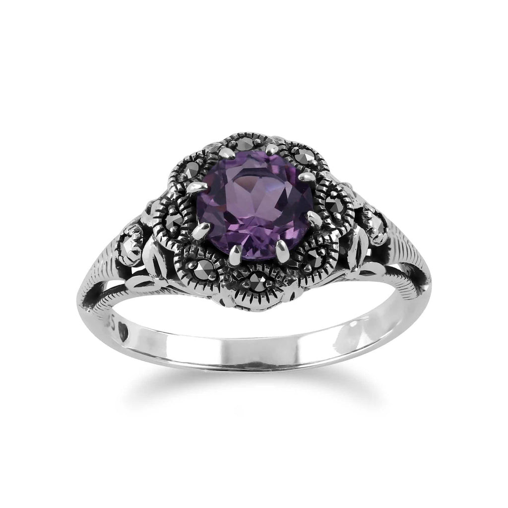 Art Nouveau Style Round Amethyst & Marcasite Floral Ring Sterling