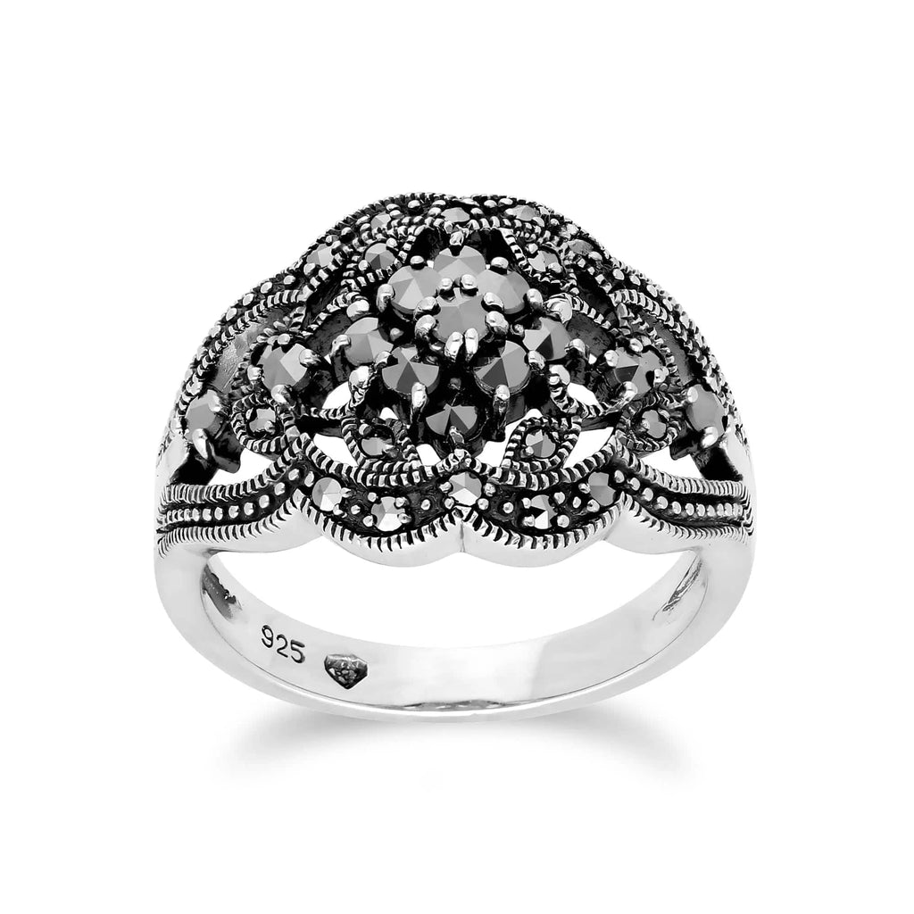 Art Nouveau Style Round Marcasite Cluster Ring 925 Sterling