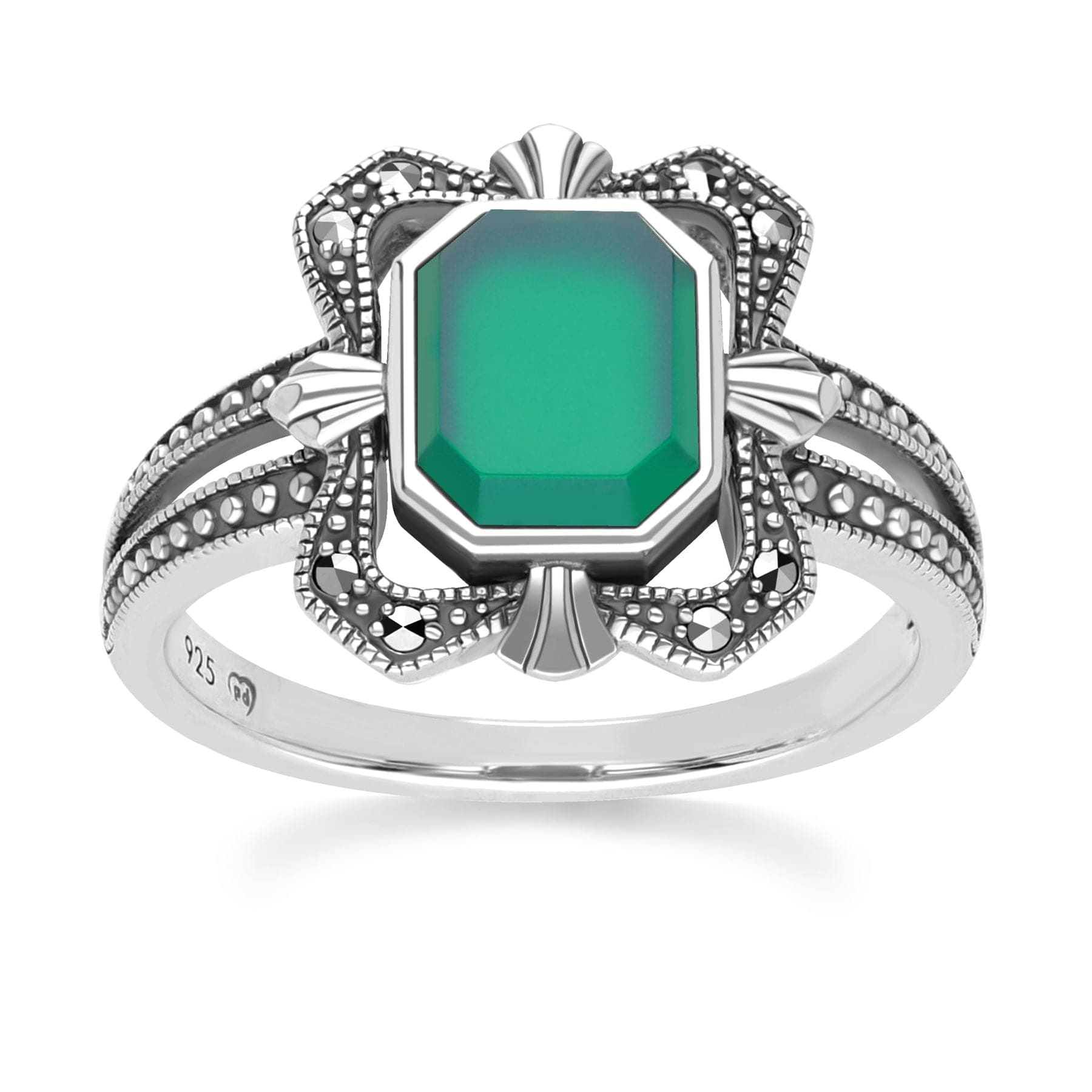 Art Deco Style Baguette Chalcedony and Marcasite Ring in Sterling Silver 214R642301925 