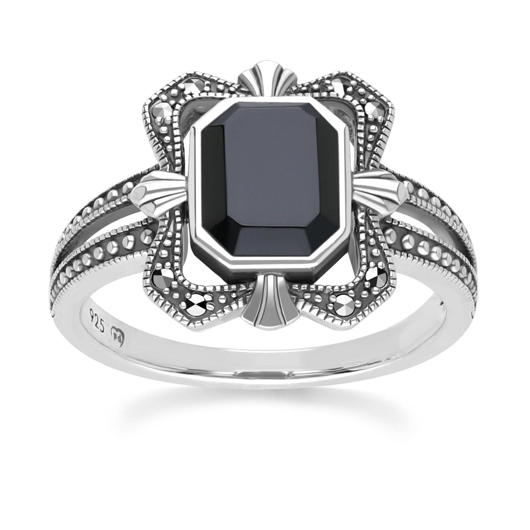 Art Deco Style Baguette Onyx and Marcasite Ring in Sterling Silver 214R642302925 