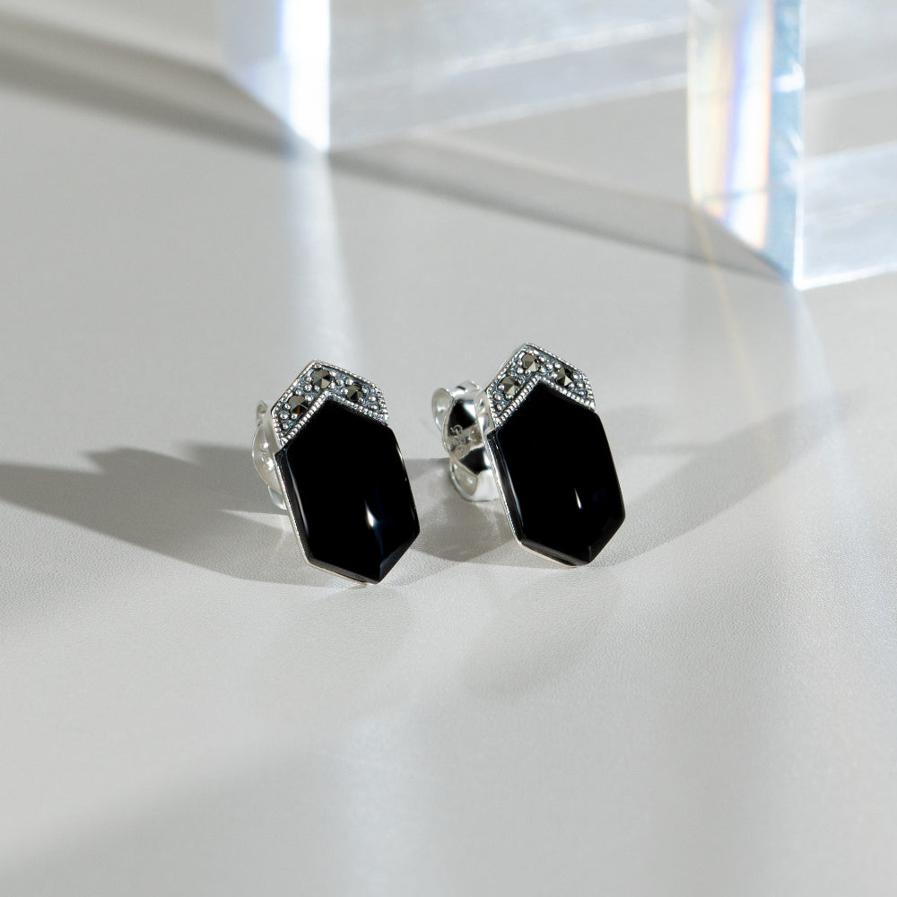 Art Deco Style Black Onyx  Cabochon & Marcasite Stud Earrings in 925 Sterling Silver flatlay