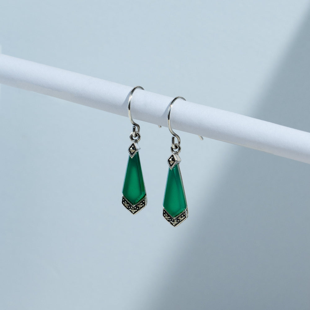 Art Deco Style Green Chalcedony & Marcasite Kite Drop Earrings in 925 Sterling Silver flatlay
