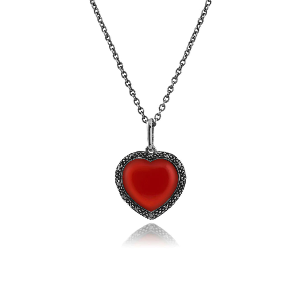 Art Deco Style Heart Carnelian & Marcasite Halo Love Heart Pendant 925 Sterling