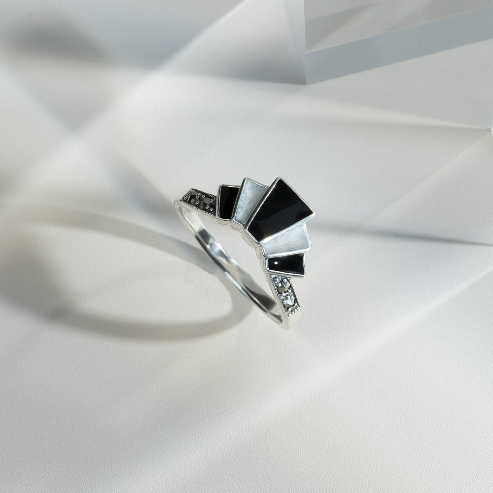 Art Deco Style Marcasite & Black and White Enamel Gradient Fan Ring in 925 Sterling Silver flatlay