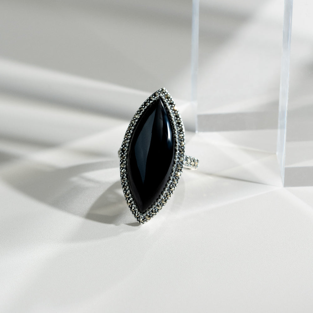 Art Deco Style Marquise Black Onyx & Marcasite Statement Ring in 925 Sterling Silver flatlay