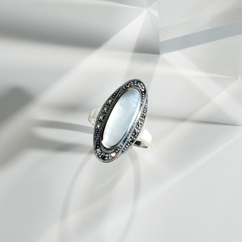 Art Deco Style Mother of Pearl Cabochon & Marcasite Ring in 925 Sterling Silver flatlay