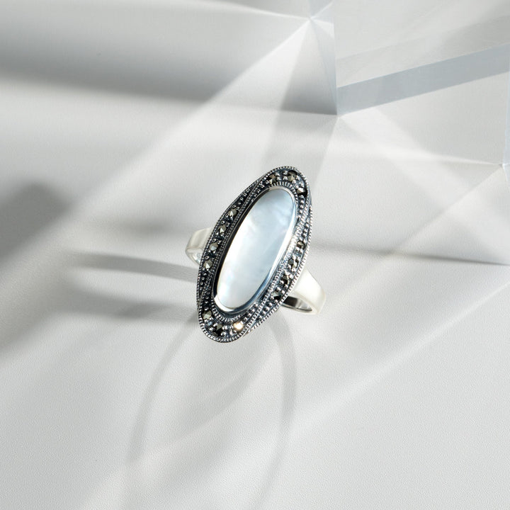 Art Deco Style Mother of Pearl Cabochon & Marcasite Ring in 925 Sterling Silver flatlay