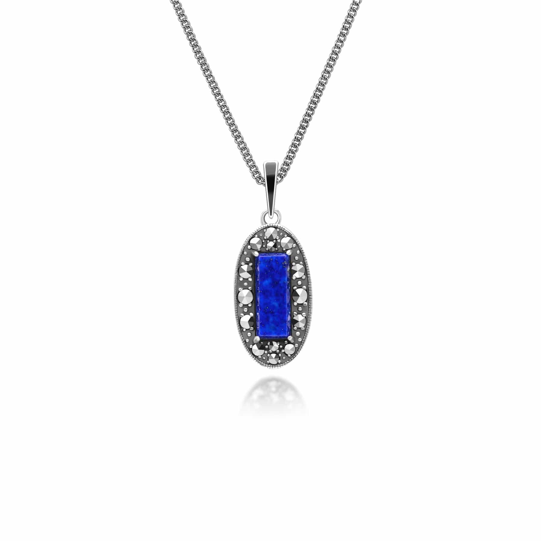 Art Deco Style Oval Lapis Lazuli, Marcasite and Black Enamel Pendant Necklace in Sterling Silver 214P334401925 