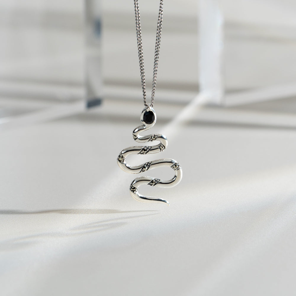 Art Deco Style Pear Black Spinel & Marcasite Snake Necklace in 925 Sterling Silver flatlay