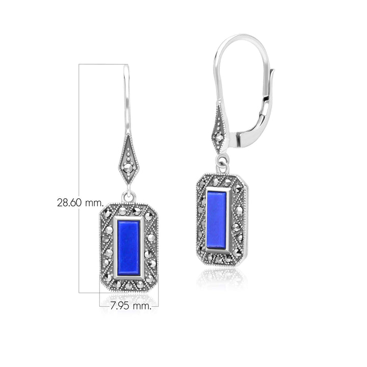 Art Deco Style Rectangle Lapis Lazuli and Marcasite Drop Earrings in Sterling Silver 214E936103925 Dimensions