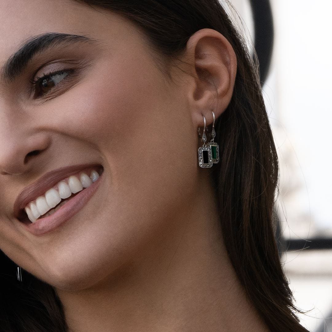 Art Deco Style Rectangle Onyx and Marcasite Drop Earrings in Sterling Silver 214E936102925 On Model