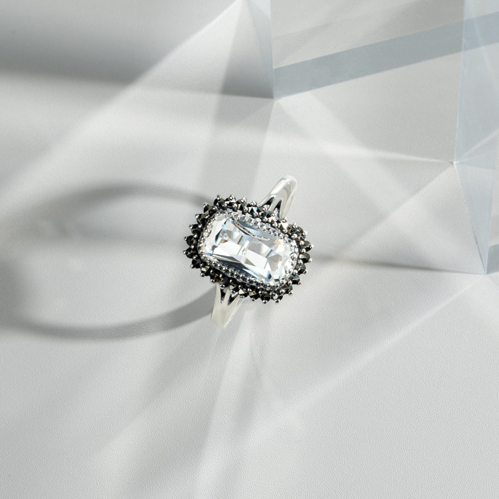 Art Deco Style Rock Crystal & Marcasite Halo Cluster Ring In Silver flatlay