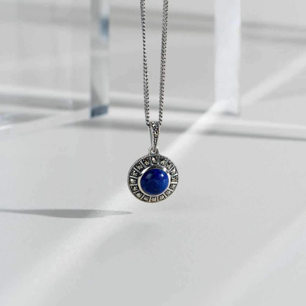 Art Deco Style Round Lapis Lazuli Cabochon & Marcasite Pendant in 925 Sterling Silver flatlay