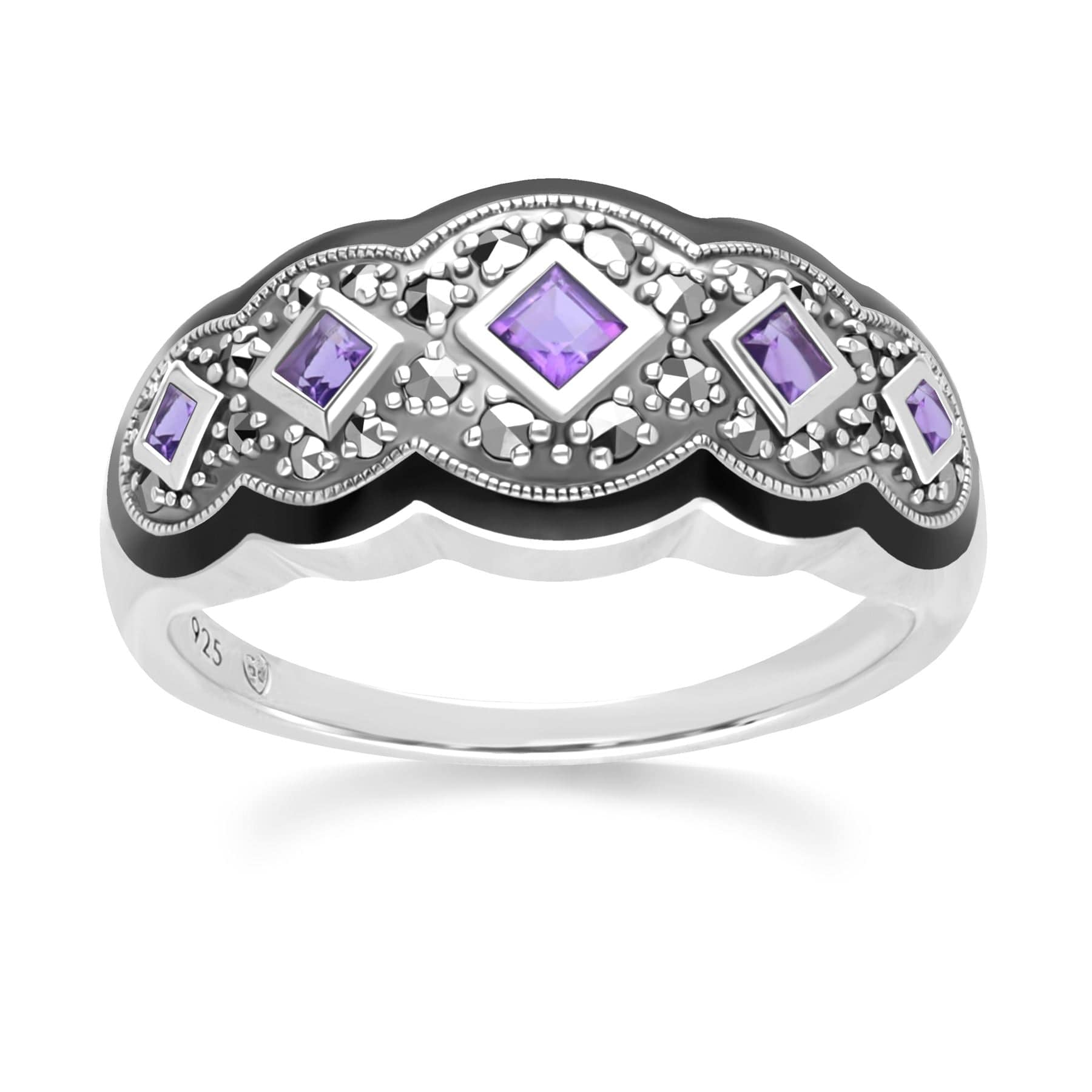 Art Deco Style Square Amethyst Five Stone and Marcasite Ring in Sterling Silver 214R642102925 