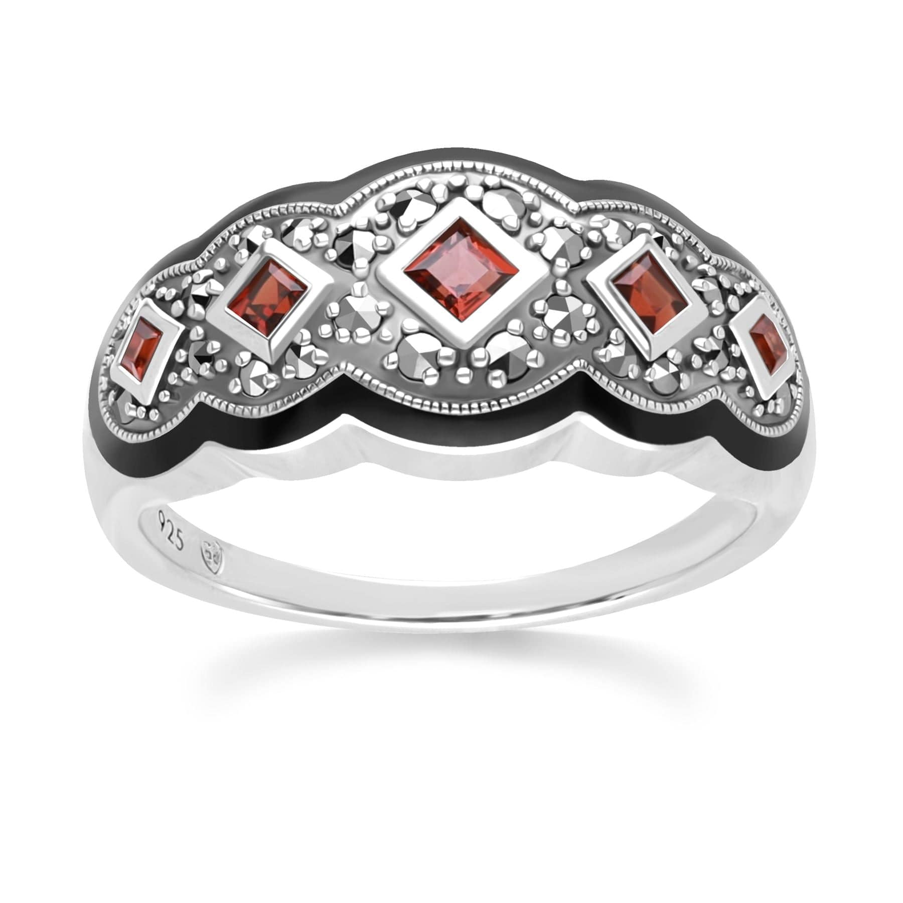 Art Deco Style Square Garnet Five Stone and Marcasite Ring in Sterling Silver 214R642101925 