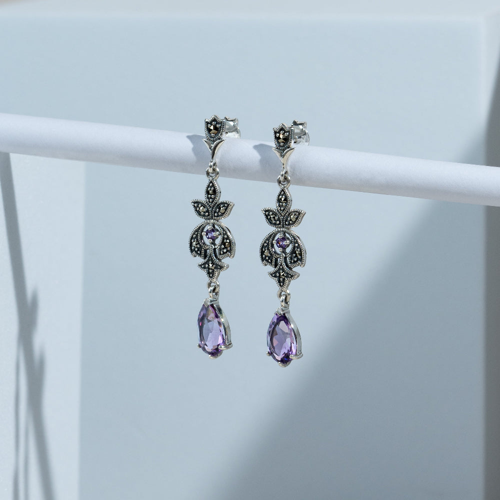 Art Nouveau Style Pear Amethyst & Round Marcasite Drop Earrings in 925 Sterling Silver flatlay