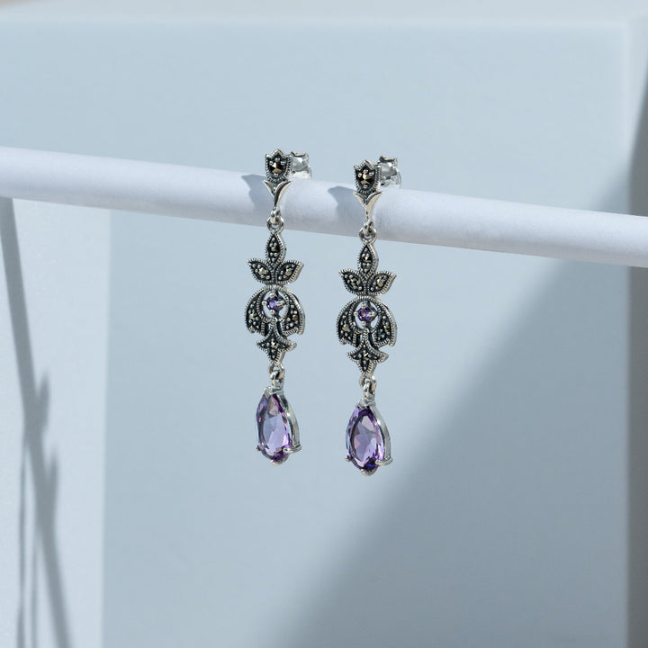 Art Nouveau Style Pear Amethyst & Round Marcasite Drop Earrings in 925 Sterling Silver flatlay