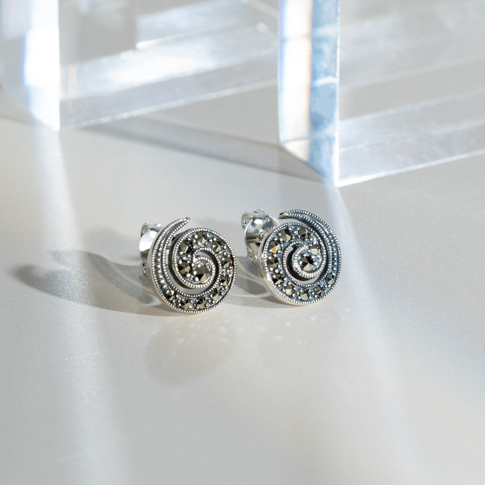 Art Nouveau Style Round Marcasite Spiral Stud Earrings in 925 Sterling Silver flatlay