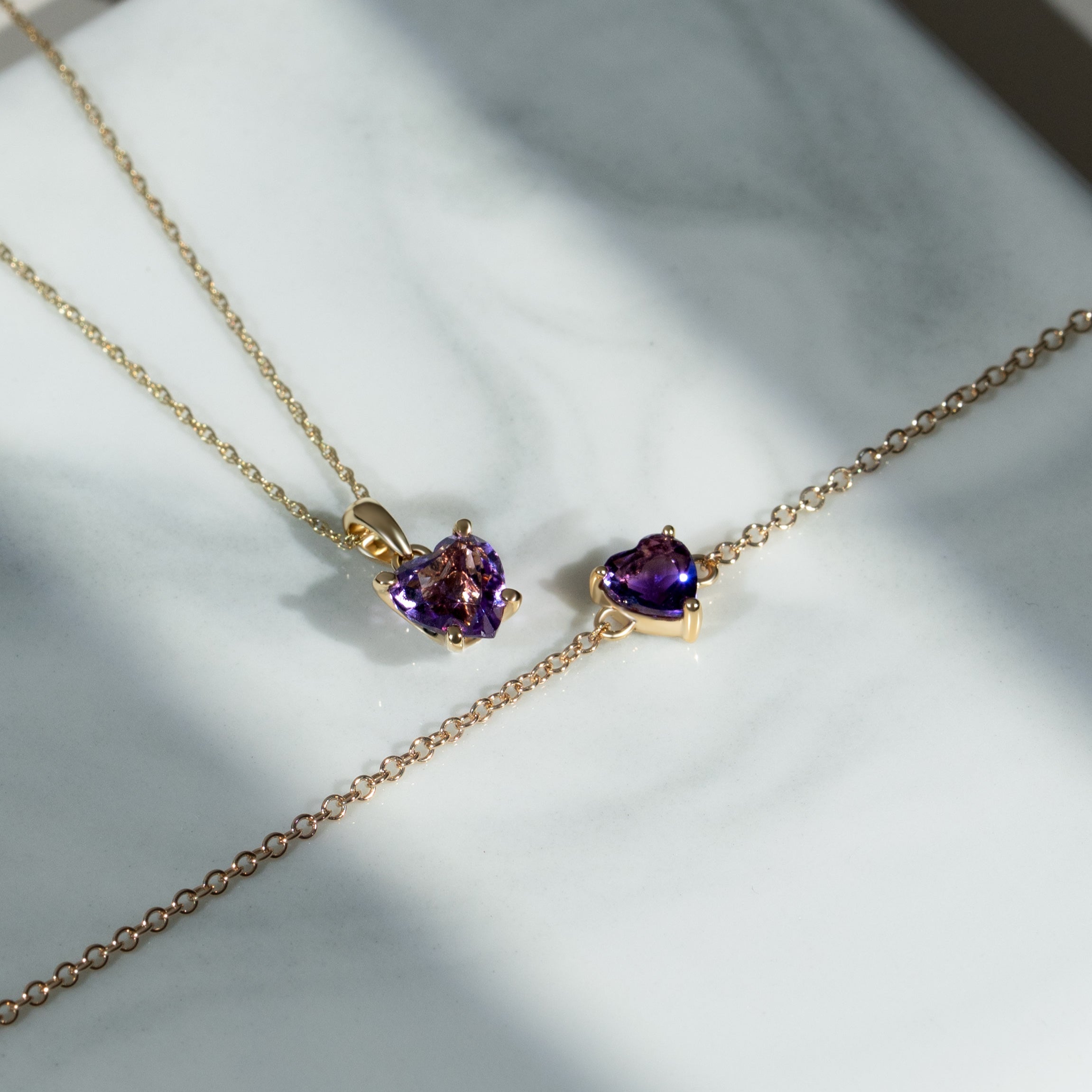 Petite Heart Amethyst  Bracelet in 9ct Yellow Gold